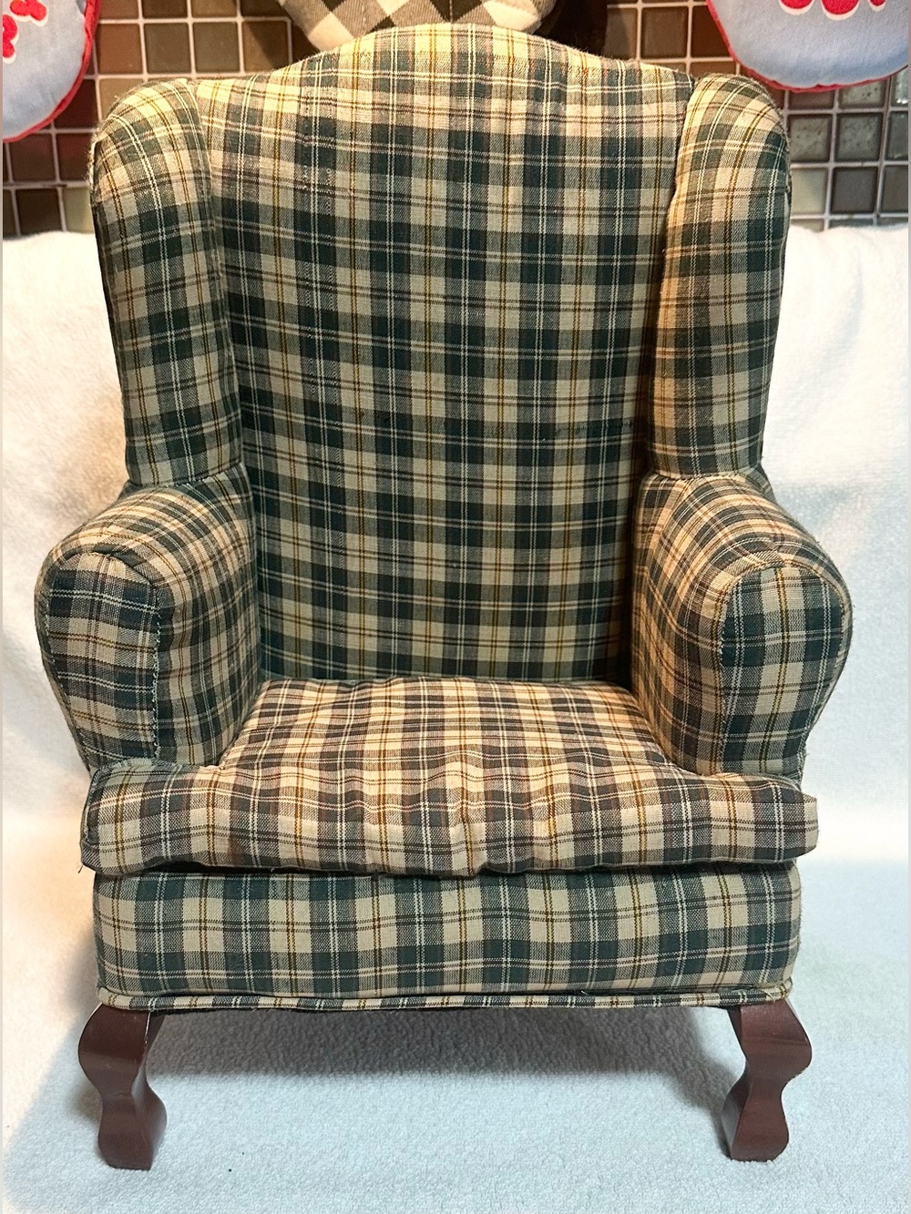 Decorative vintage style Queen Anne wingback chair doll sized